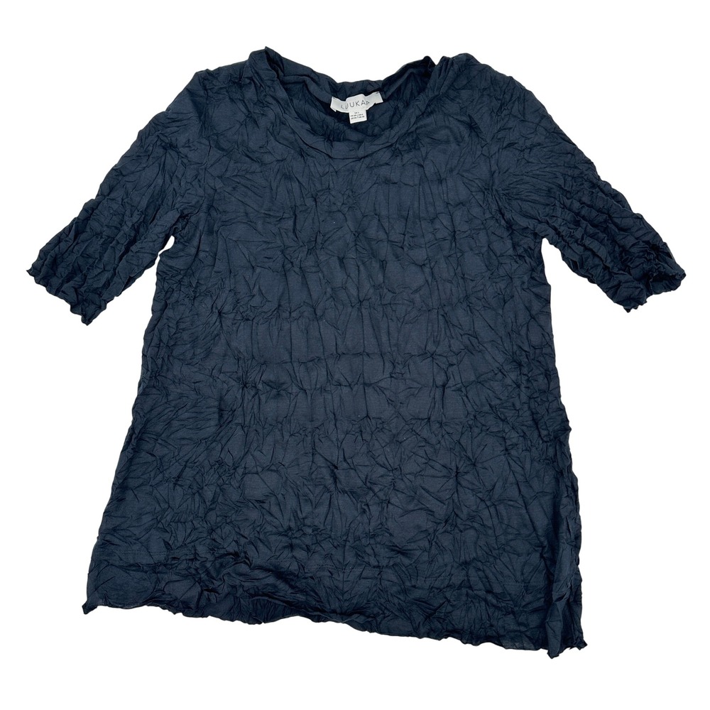 Luukaa Navy Blue Crinkle Textured Top Womens Size 1 US 6 Short Sleeve Lagenlook